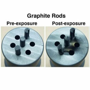 Photographs showing new graphite rods and the same eroded graphite rods after high-temperature plasma exposure