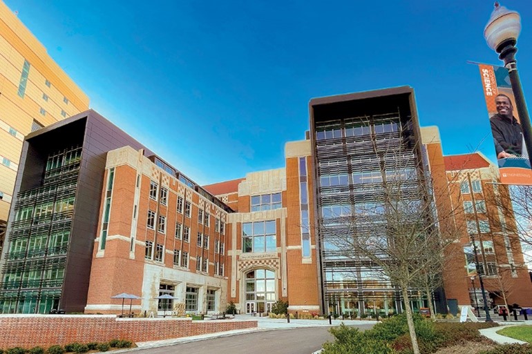 A brick and glass building at UT-Knoxville.